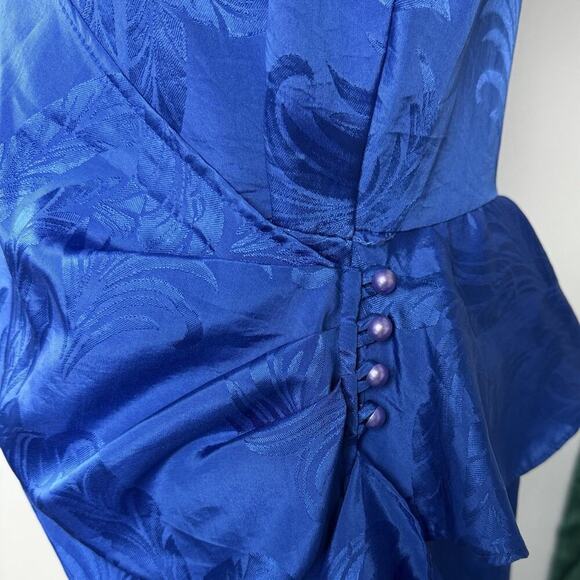 VTG 80s Printed Satin Cocktail Wrap Dress Size S Cobalt 90s Evening Party Peplum - Picture 8 of 16